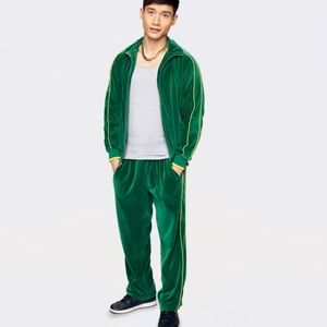 SWEATSEDO Green Velour Tracksuit with Yellow Stripes